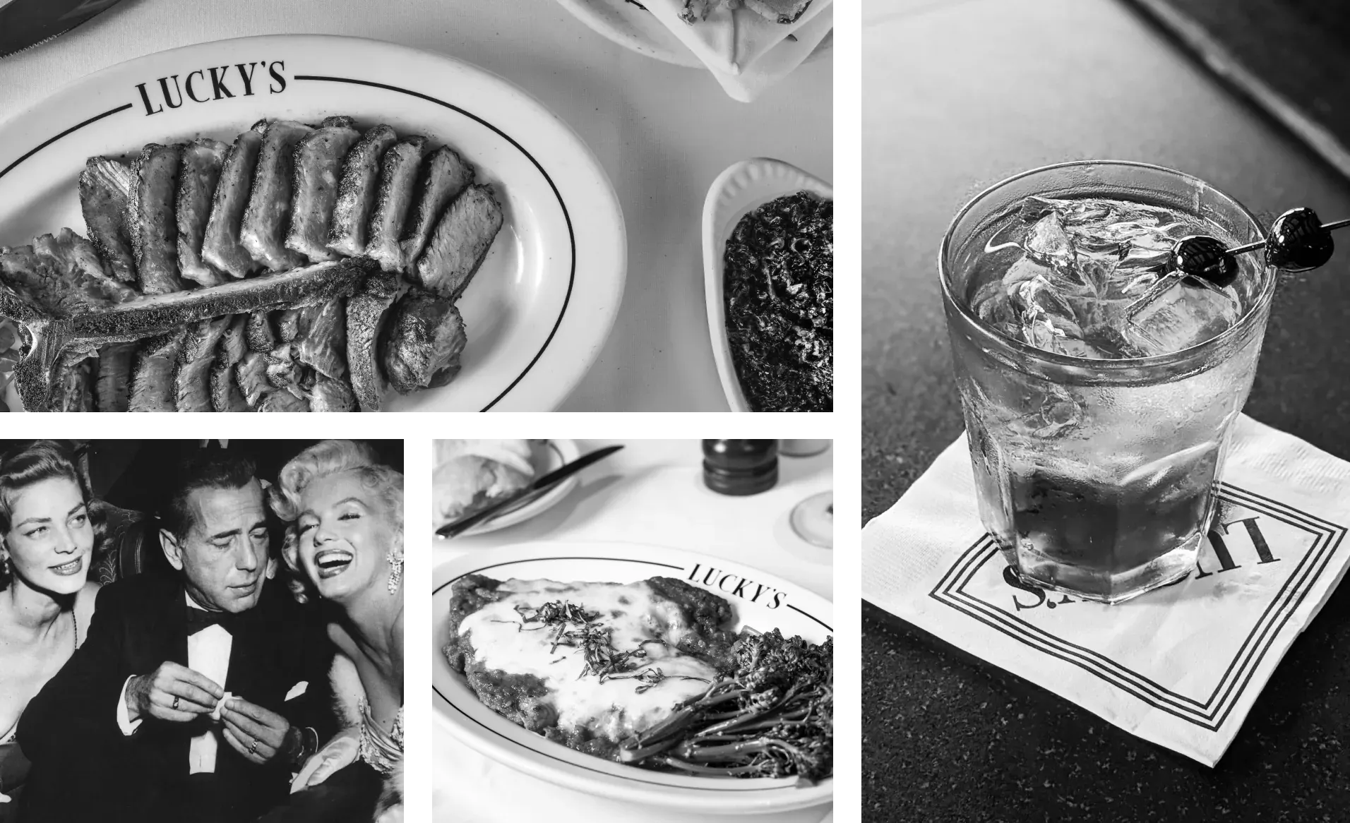 Lucky's Steakhouse Historical Collection - collage of historic restaurant front, dining scenes, vintage menus, and signature steaks