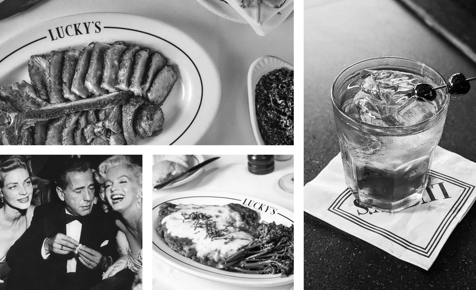 Black and white composition of Lucky's elements: steak, vintage Hollywood, and cocktails